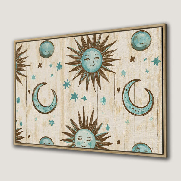 Canvas Print featuring a whimsical sun, moon, and stars pattern in a boho style. Earthy tones of brown and teal on a light wood background.