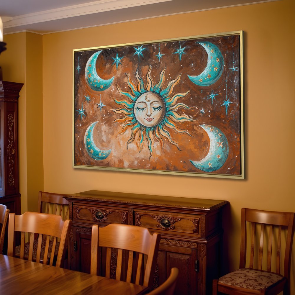Bohemian Canvas Print featuring a sun, moon, and stars in a warm, earthy color palette. Perfect wall art for a cozy living room!