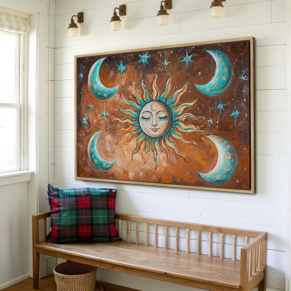 Framed Wall Art: Celestial sun and moon painting in warm brown, teal, and orange tones. Boho style canvas print adds charm to any space.