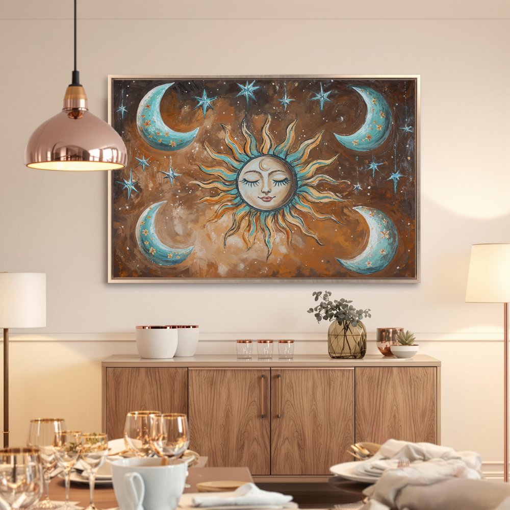 Framed Wall Art: Celestial sun and moon Canvas Print in warm brown and turquoise tones. Bohemian style art for a cozy, stylish home.