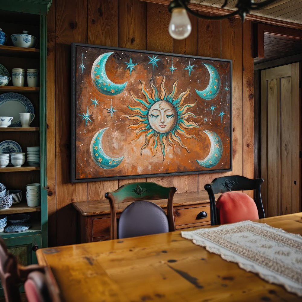 Framed Wall Art: Celestial sun and moon painting in warm orange, teal, and brown tones. Bohemian style Canvas Print adds cozy charm to any room.