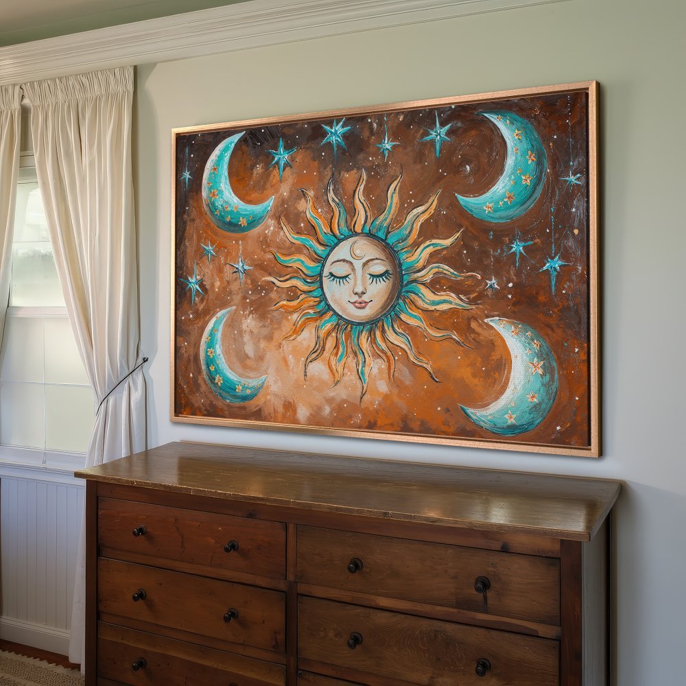 Framed Wall Art: Celestial sun and moon painting in warm brown, teal, and orange tones. Boho style Canvas Print for a dreamy interior.