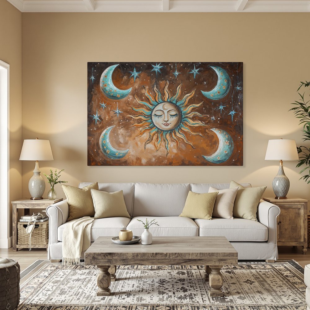 Framed Wall Art: Celestial sun and moon painting in warm earth tones. Boho style Canvas Print adds a touch of magic to any room.