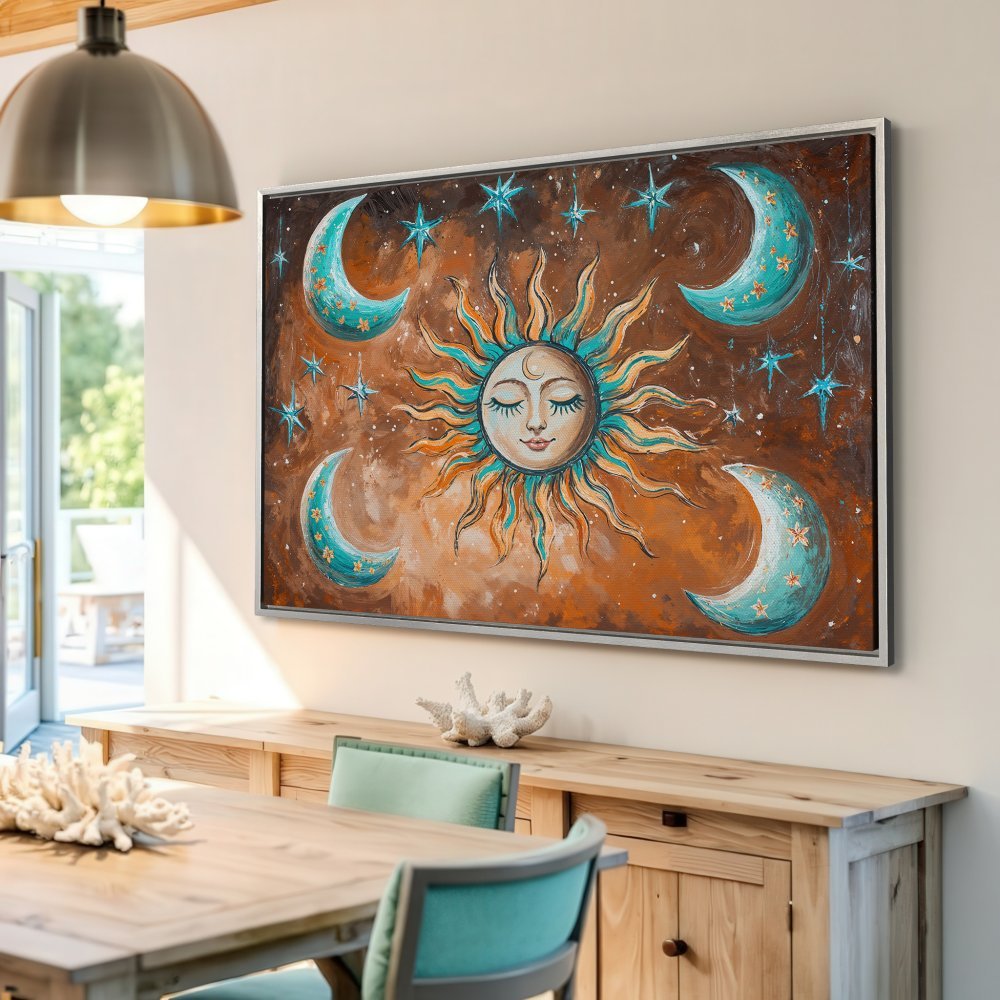 Framed Wall Art: Boho celestial canvas print featuring a sun, moons, and stars in a warm brown, teal, and orange palette. Perfect for adding a mystical touch!