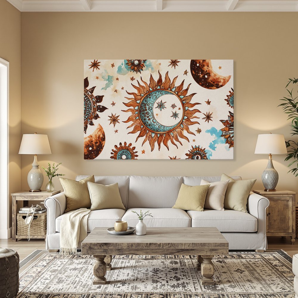 Framed Wall Art: Bohemian sun and moon design in warm orange, teal, and brown hues. Perfect for adding a touch of celestial style to your home decor.