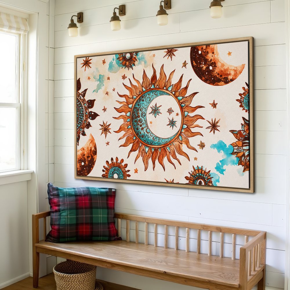 Framed Wall Art: Boho sun and moon watercolor print in warm orange and teal tones. Perfect for adding a touch of celestial style to your home decor.