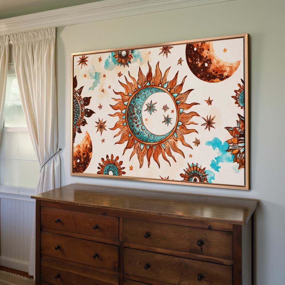 Bohemian Canvas Print featuring sun, moon, and stars in warm orange and teal tones. Perfect framed wall art for your home!