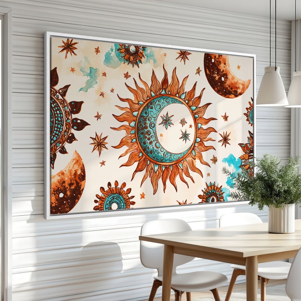 Framed Wall Art featuring a boho sun and moon design in warm orange and teal tones. Perfect for adding a touch of celestial style to your home!