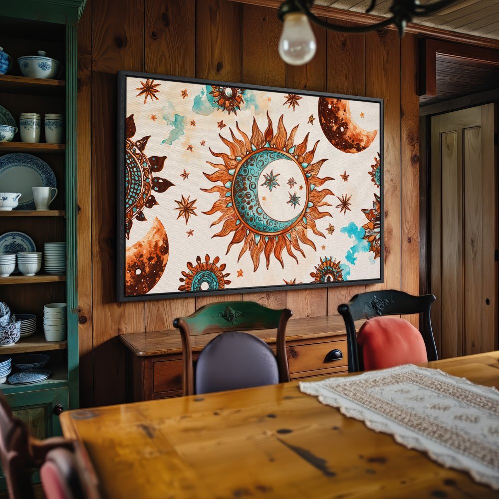 Framed Wall Art: Boho sun and moon design in warm orange and teal tones. Perfect for adding a touch of celestial style to your home decor.