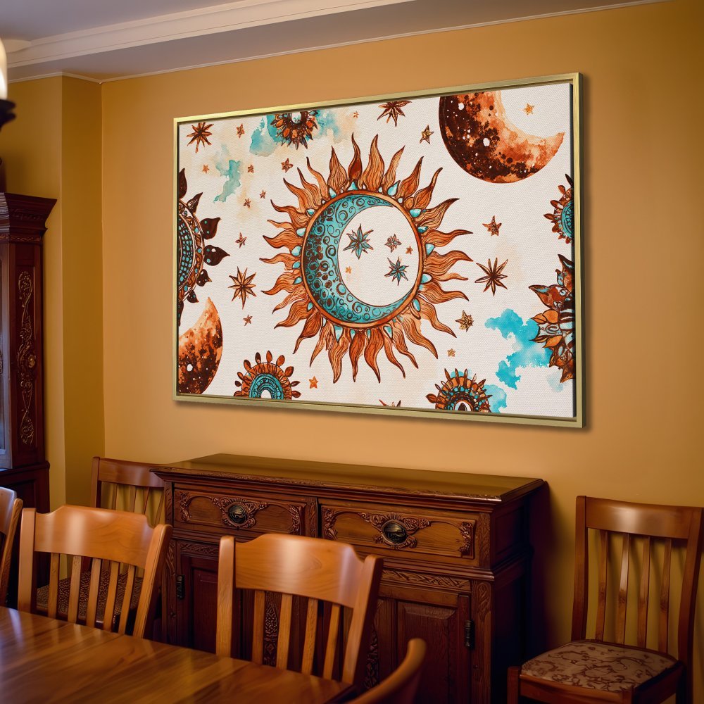 Bohemian Canvas Print featuring sun, moon, and stars. Warm earth tones with teal accents. Perfect wall art for any room.