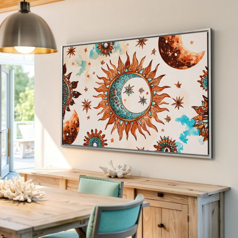 Bohemian Canvas Print featuring sun, moon & stars in warm orange & teal. Perfect wall art for a chic, stylish home.