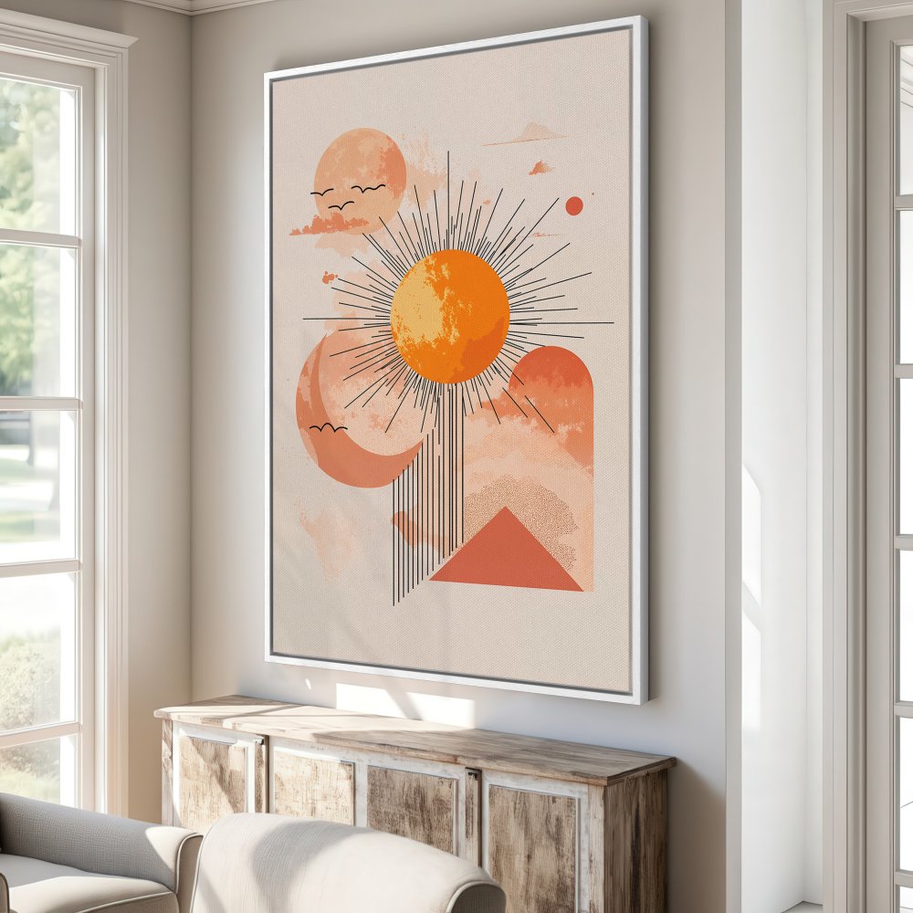 Abstract Canvas Print with sun and moon design in warm orange tones, perfect for modern home decor.
