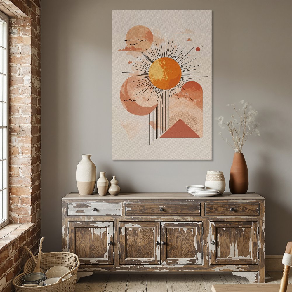 Framed Wall Art: Abstract sun and moon art in warm orange and beige tones. Modern canvas print for dining room decor.