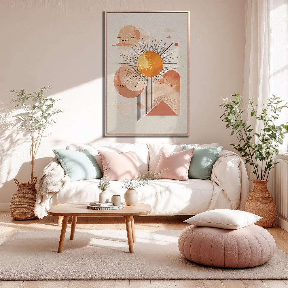 Framed Wall Art: Abstract sun and moon design. Boho style canvas print in warm peach and beige tones. Perfect for living room decor.