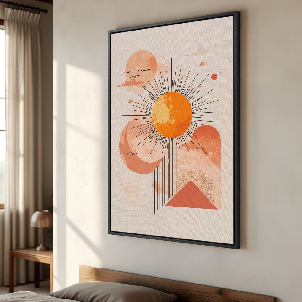 Framed Wall Art: Abstract sun design in warm orange and peach tones. Modern art canvas print perfect for adding a touch of style to any room.