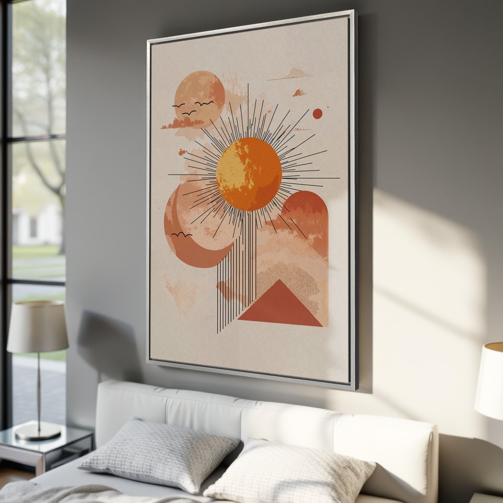 Abstract sun and moon Canvas Print in warm orange and beige tones. Modern art for your bedroom.