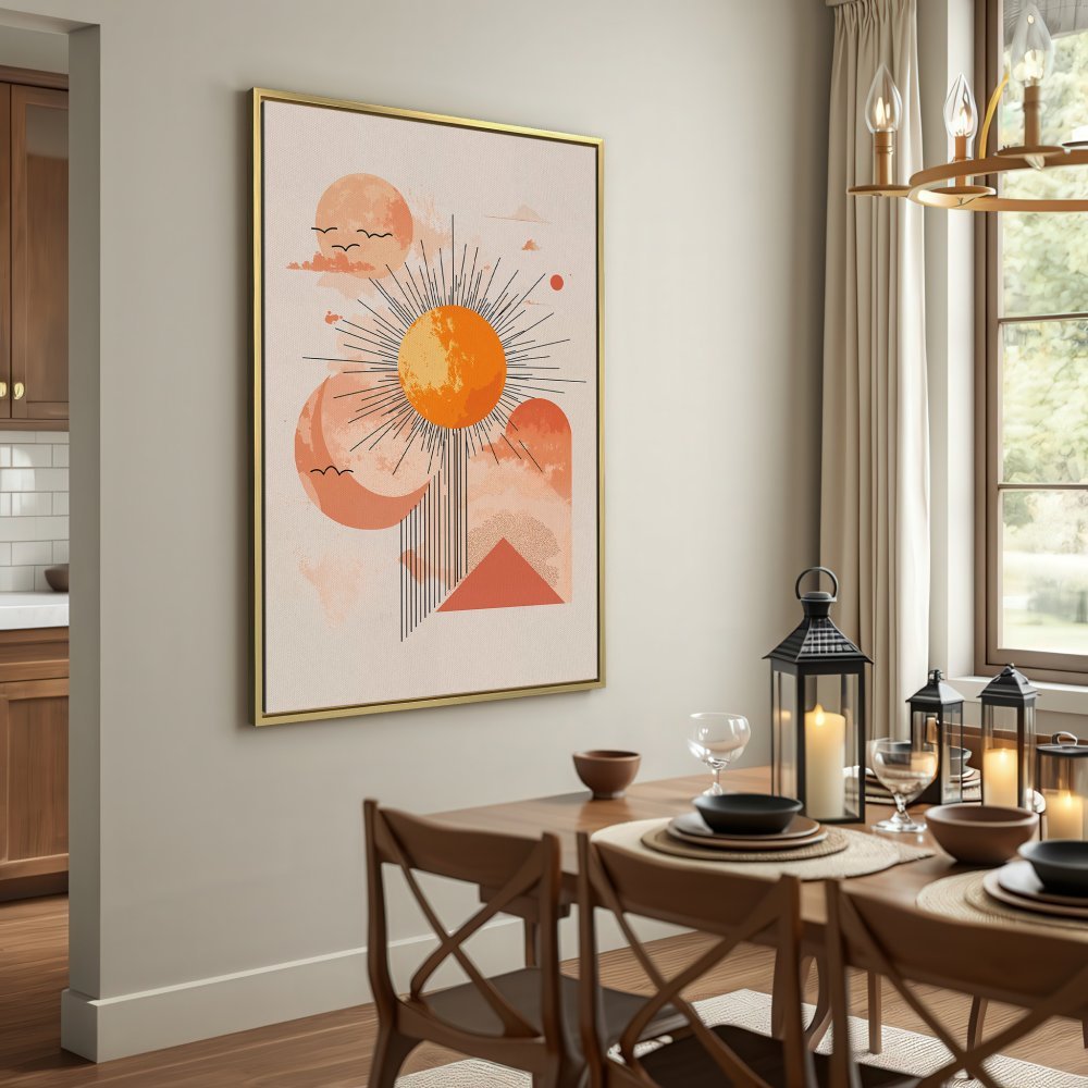 Canvas Print featuring abstract sun and moon art in warm orange and beige tones, perfect for modern home decor.