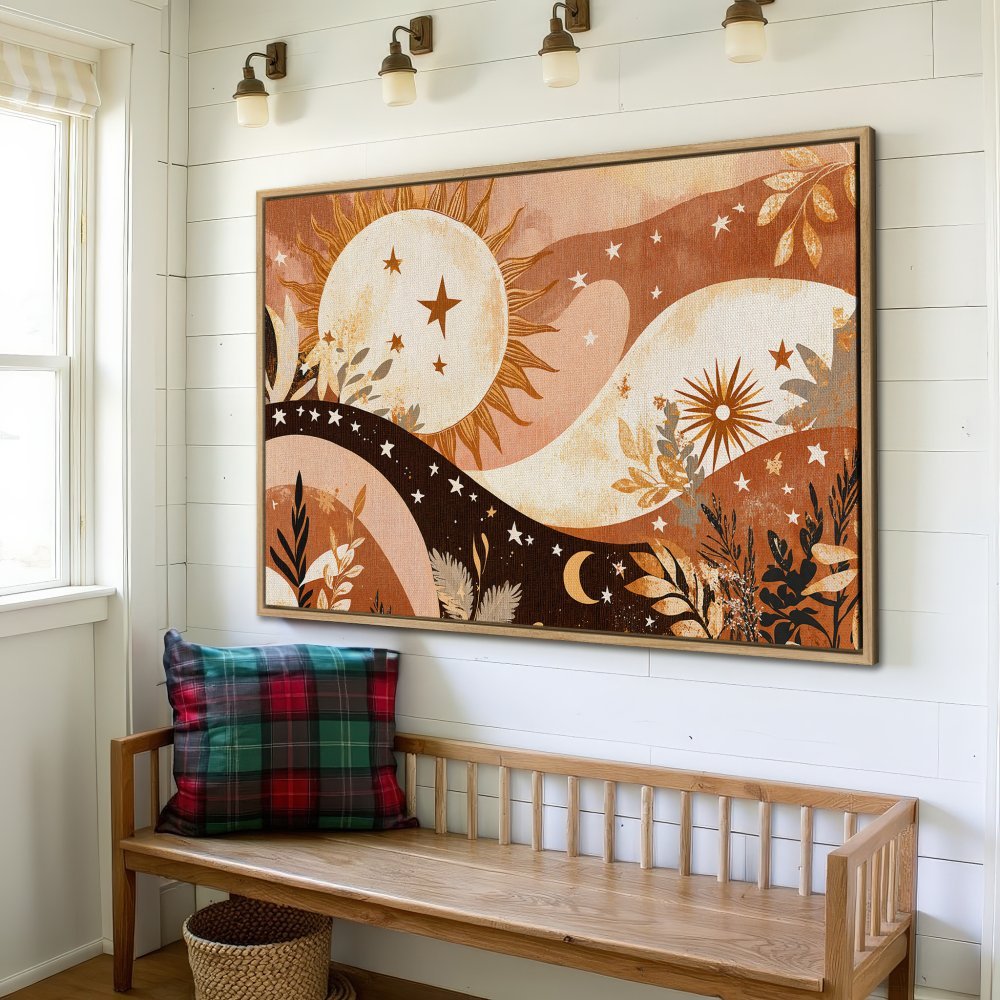 Framed Wall Art: Bohemian sun and moon canvas print in warm earth tones. Perfect for adding a touch of celestial style to your home decor.