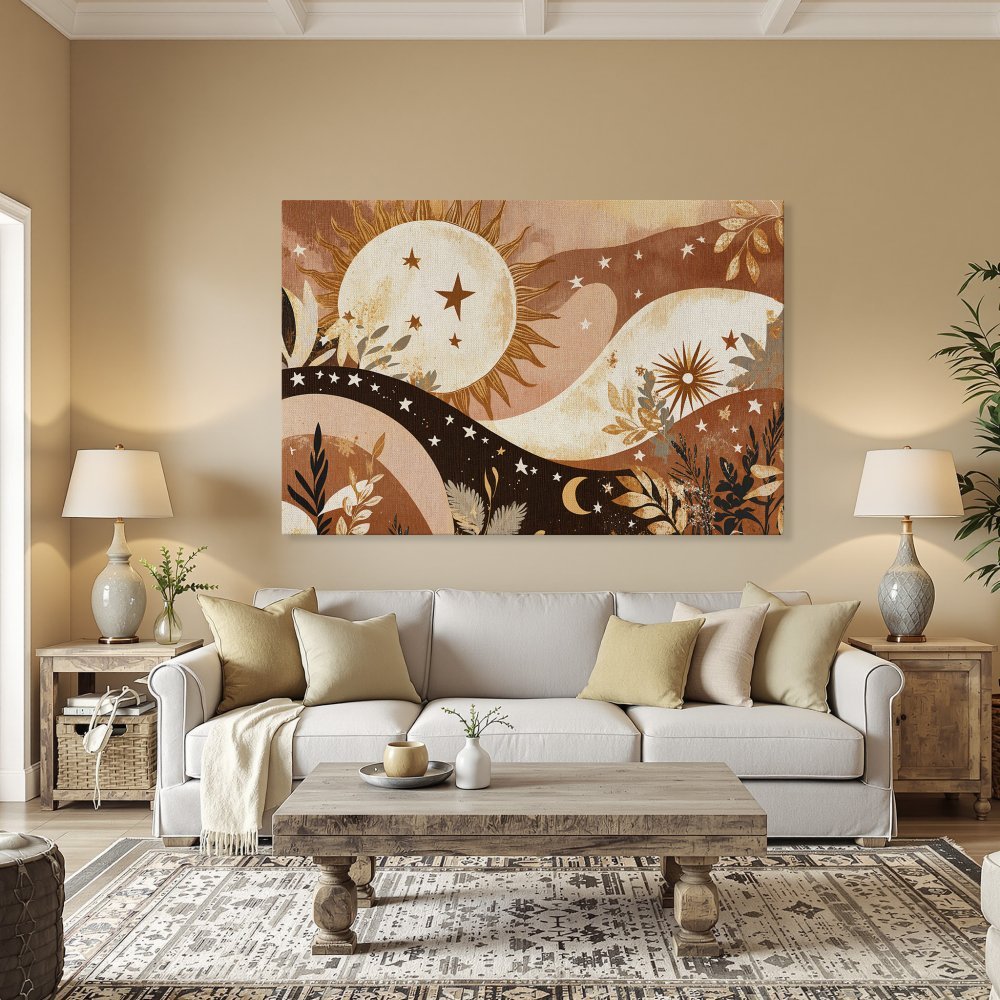 Framed Wall Art: Celestial landscape Canvas Print in warm earth tones. Boho style art featuring sun, stars, and moon, perfect for adding a touch of magic.
