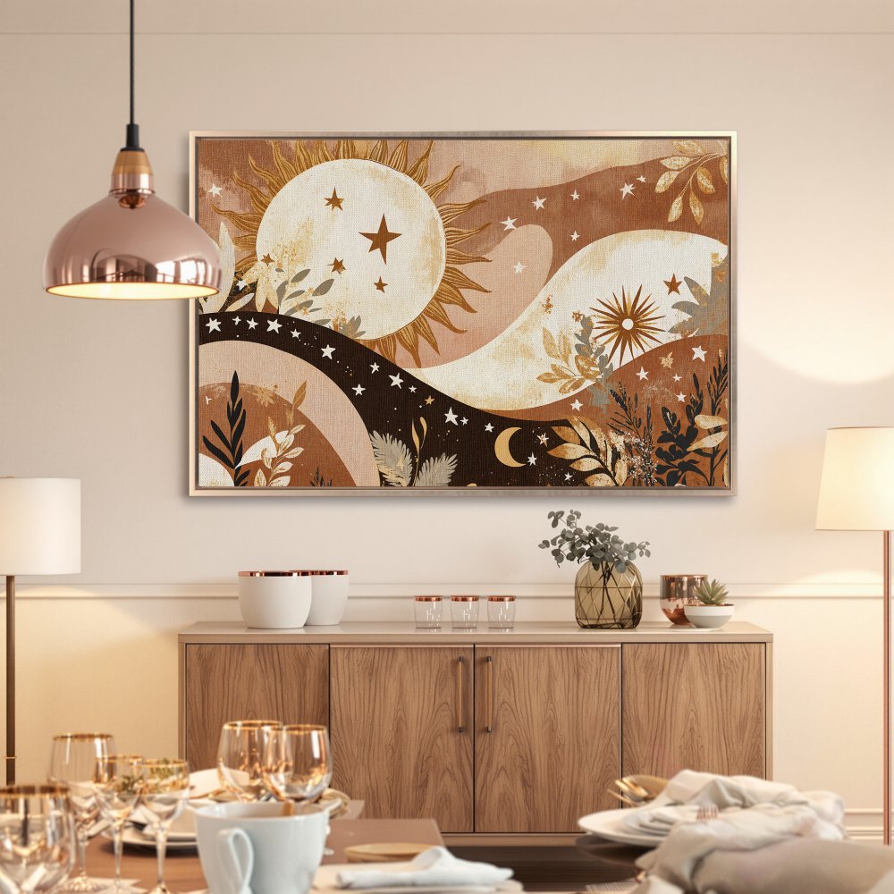 Framed Wall Art featuring a celestial boho design in warm brown and cream tones. Perfect for adding a touch of bohemian style to your home decor.
