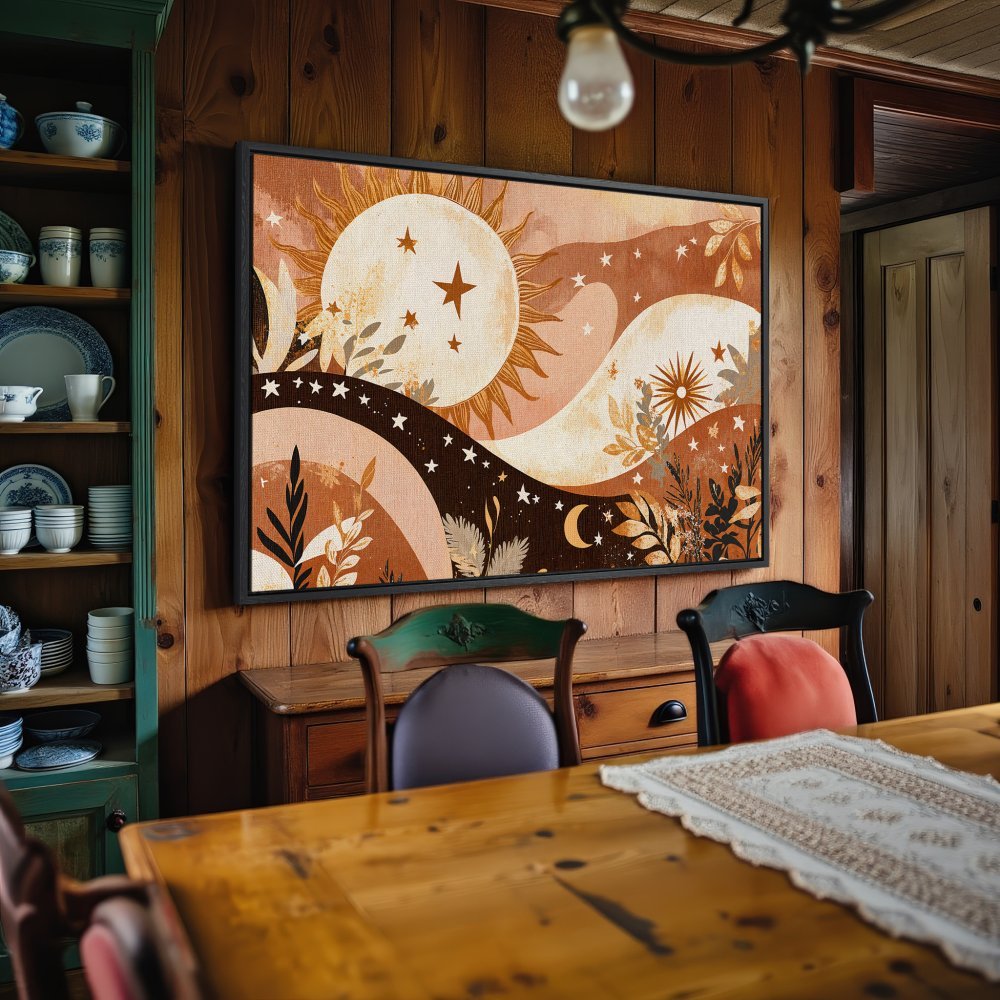 Framed Wall Art: Boho sun and stars canvas print in warm earth tones. Elevate your space with stylish, celestial decor.