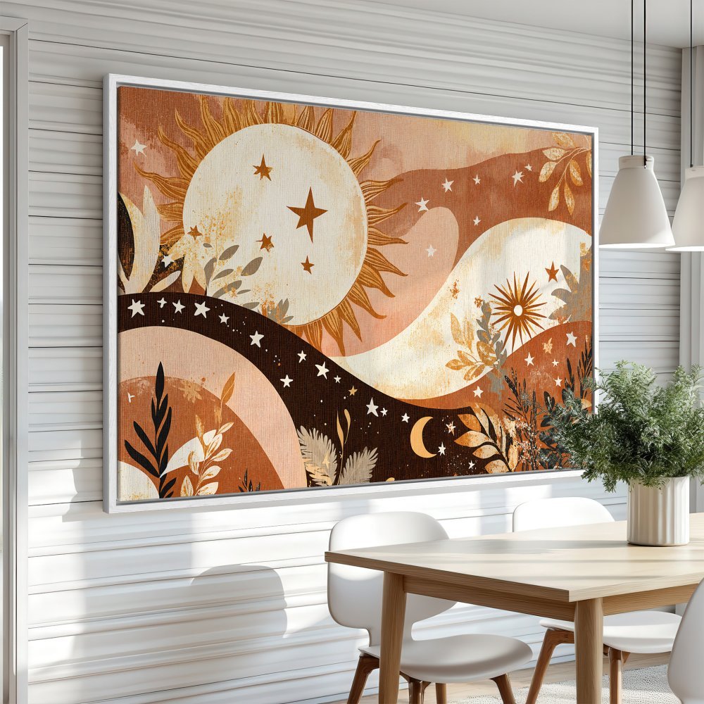 Boho Canvas Print featuring a celestial sun and stars in warm earth tones. Perfect framed wall art for a cozy, stylish home.