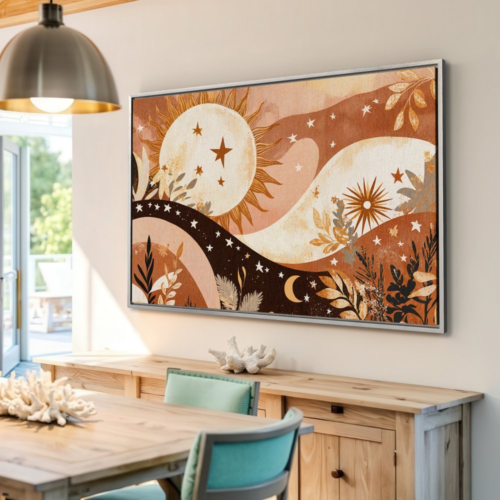 Framed Wall Art: Boho celestial canvas print. Earthy tones & sun/moon design. Perfect for adding a touch of bohemian style to your home decor.