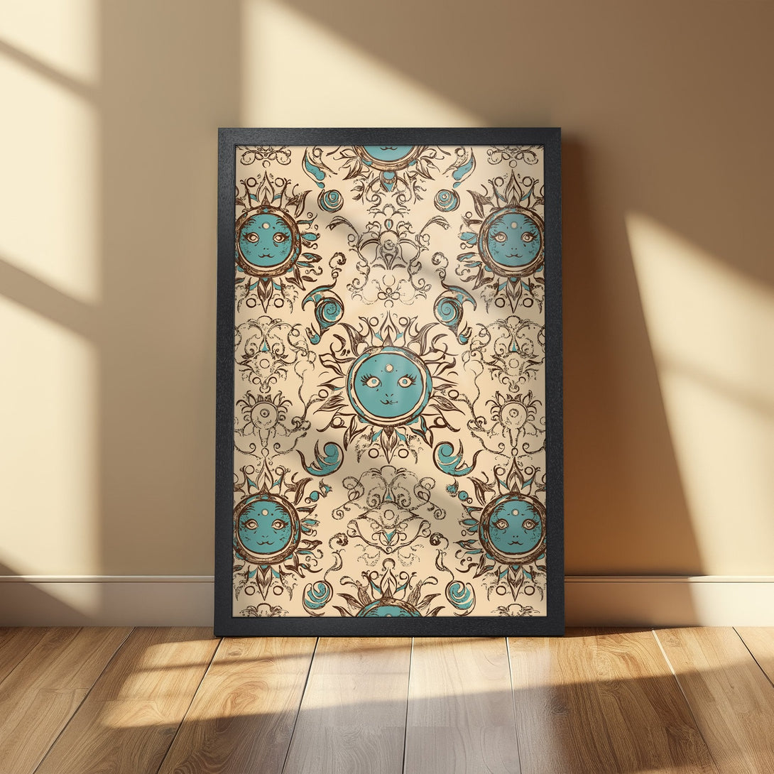 Framed Poster featuring a whimsical sun design in teal and brown tones, perfect for adding a touch of bohemian style to your space.