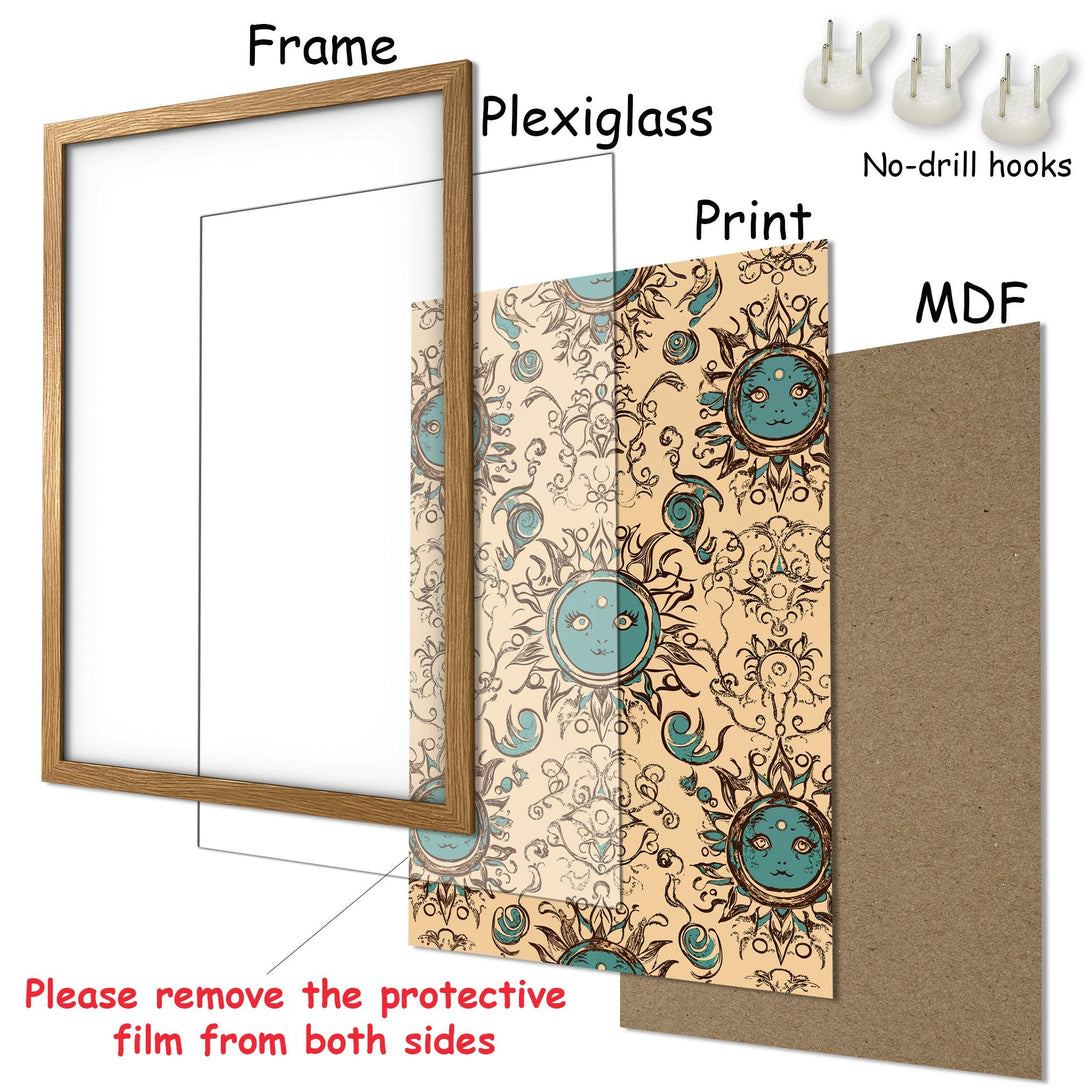 Framed Poster featuring a whimsical sun design. Earthy tones and teal accents create a unique, stylish print for your home decor.