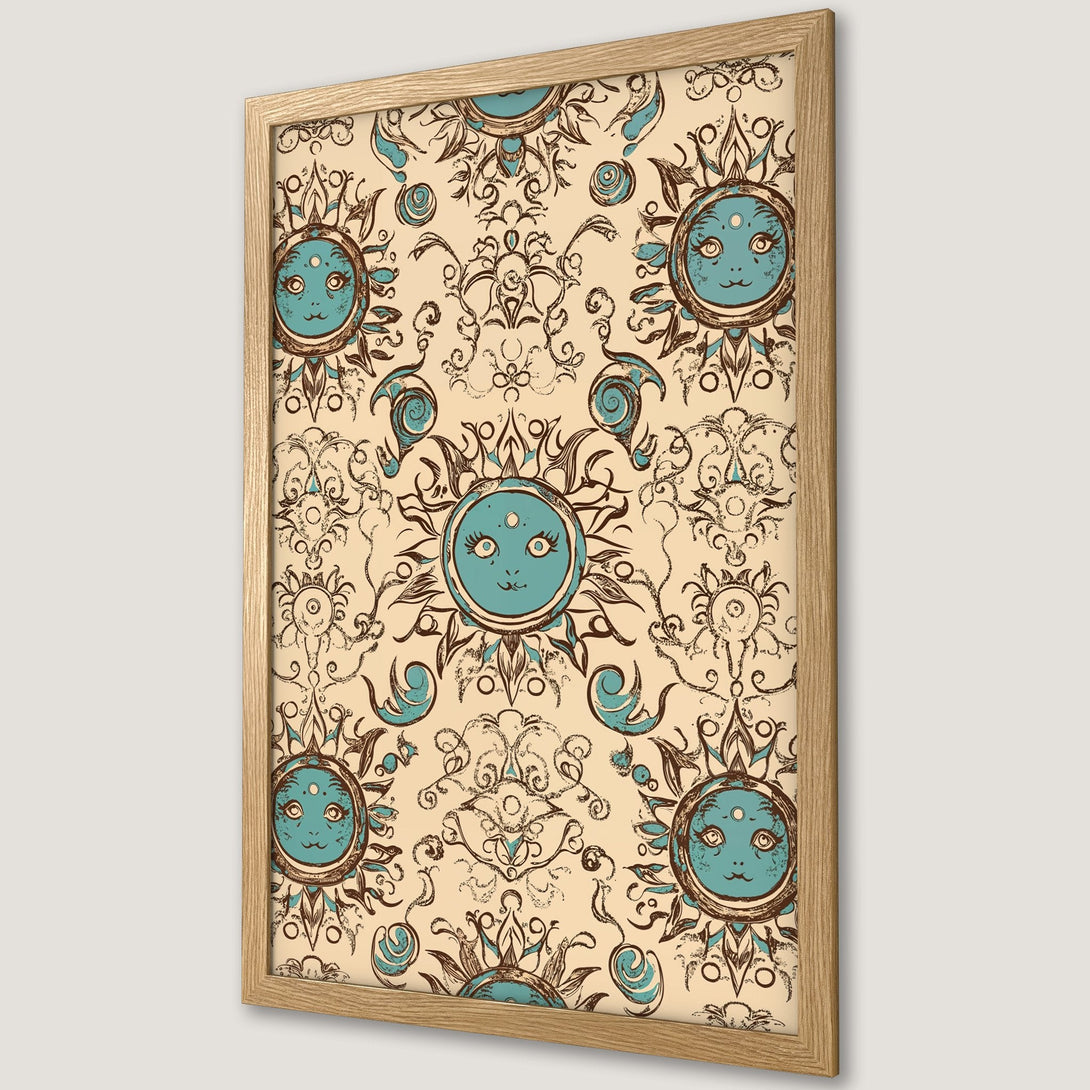 Framed Poster featuring a whimsical sun design in teal, brown, and cream. Perfect art for any room!