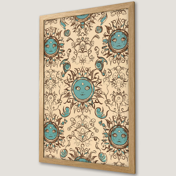 Framed Poster featuring a whimsical sun design in teal, brown, and cream. Perfect art for any room!