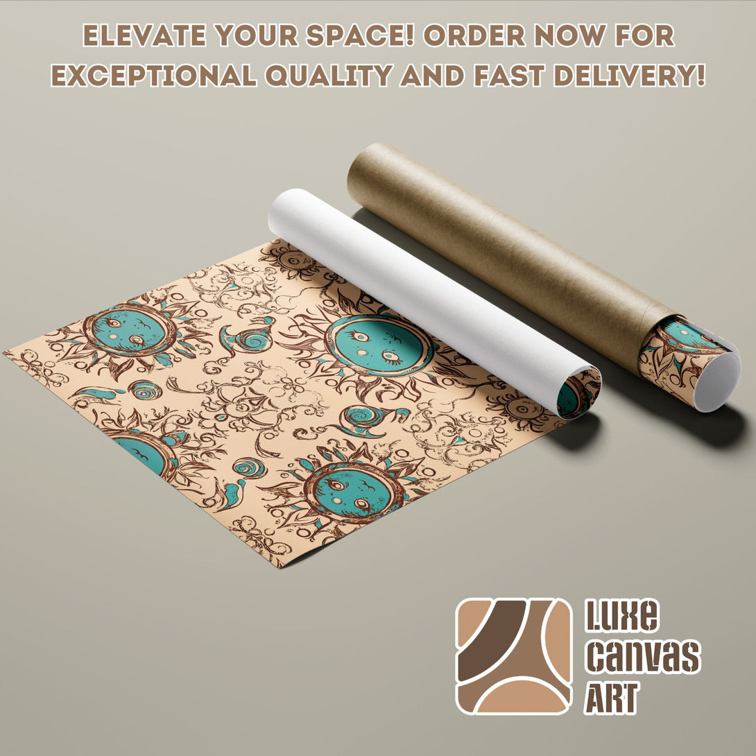 Poster Roll featuring a whimsical sun design in a vintage style with a teal and brown color palette. Elevate your space with Luxe Canvas Art!