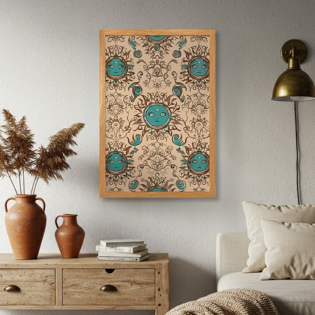 Framed Poster featuring a whimsical sun design in teal and brown on a beige background. Perfect for adding a touch of boho style!