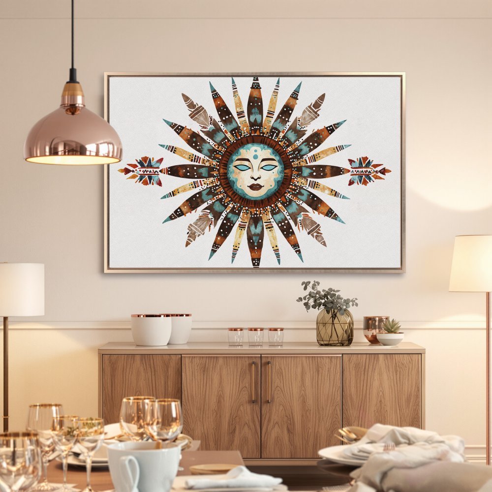 Framed Wall Art: Bohemian sun design in teal, brown, and gold. Add a touch of artistry with this unique Canvas Print to your home decor!