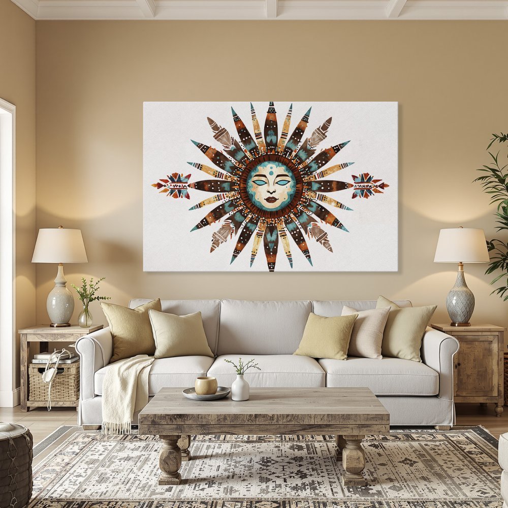 Framed Wall Art: Boho sun face canvas print with teal, brown, and orange accents. Add a touch of bohemian flair to your home decor.