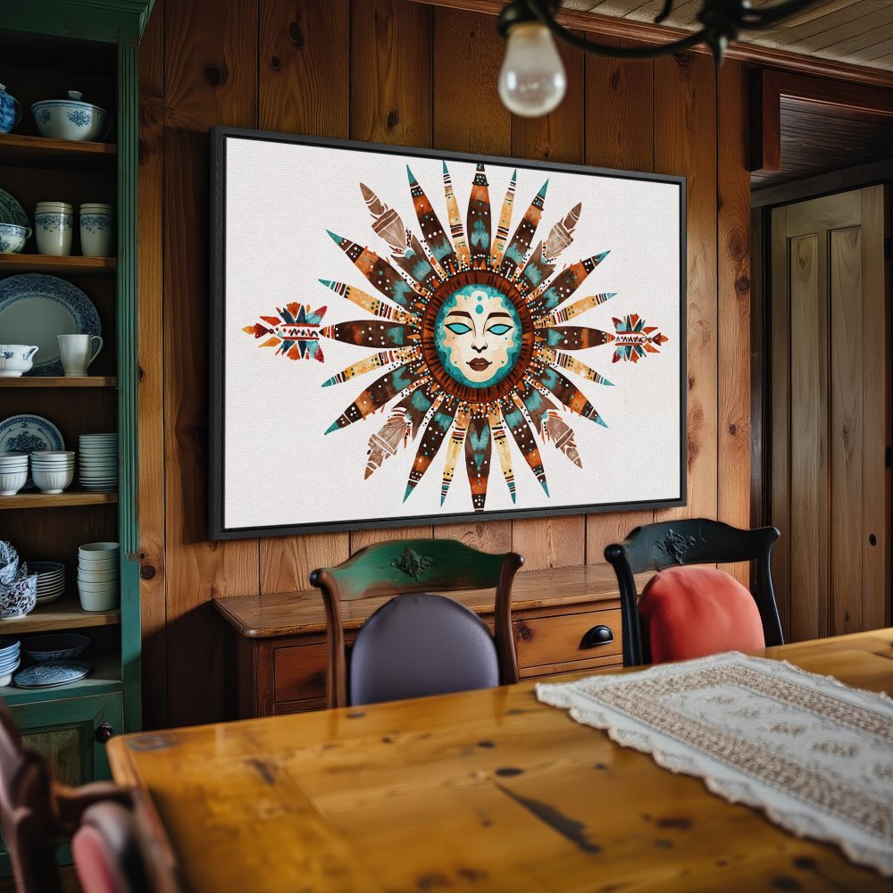 Framed Wall Art: Bohemian sun face art in teal, brown, and orange. Add a touch of tribal style to your space with this stunning canvas print.
