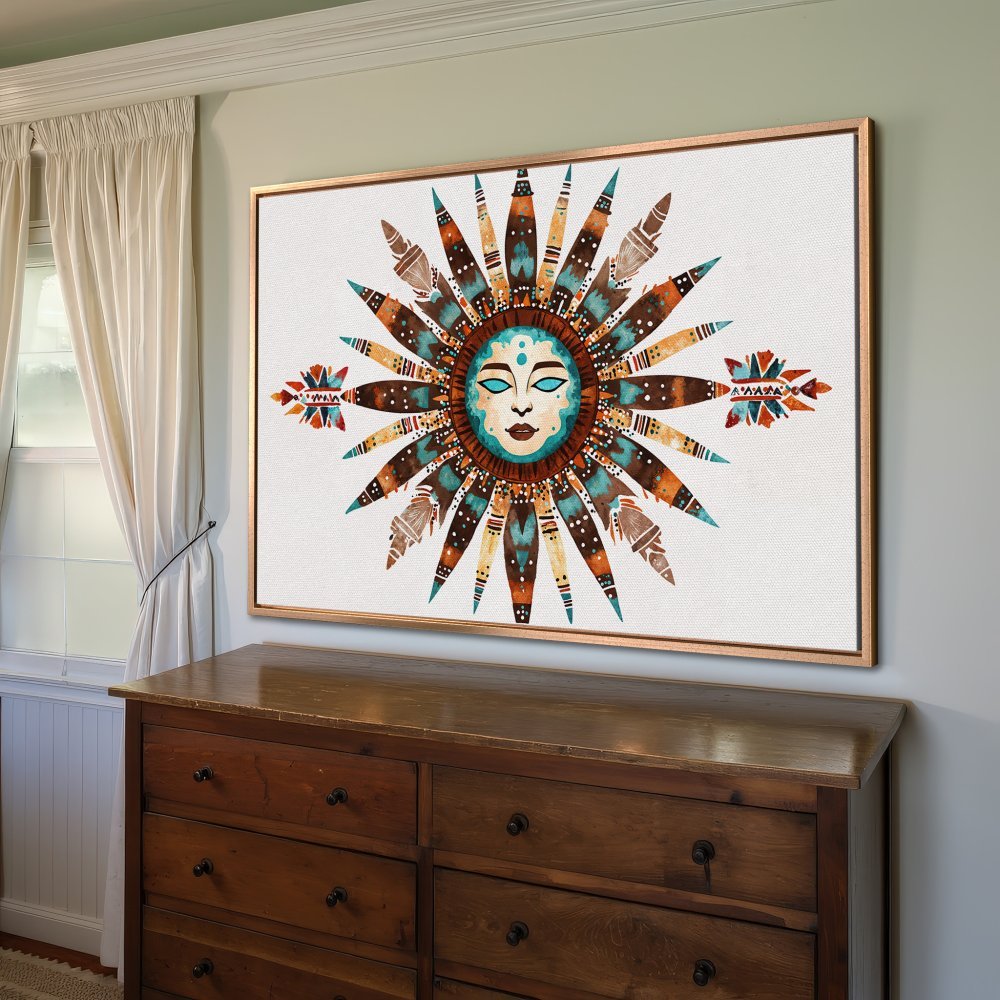 Framed Wall Art: Bohemian sun face canvas print. Warm earth tones and turquoise accents. Add a touch of artistry to your home decor!