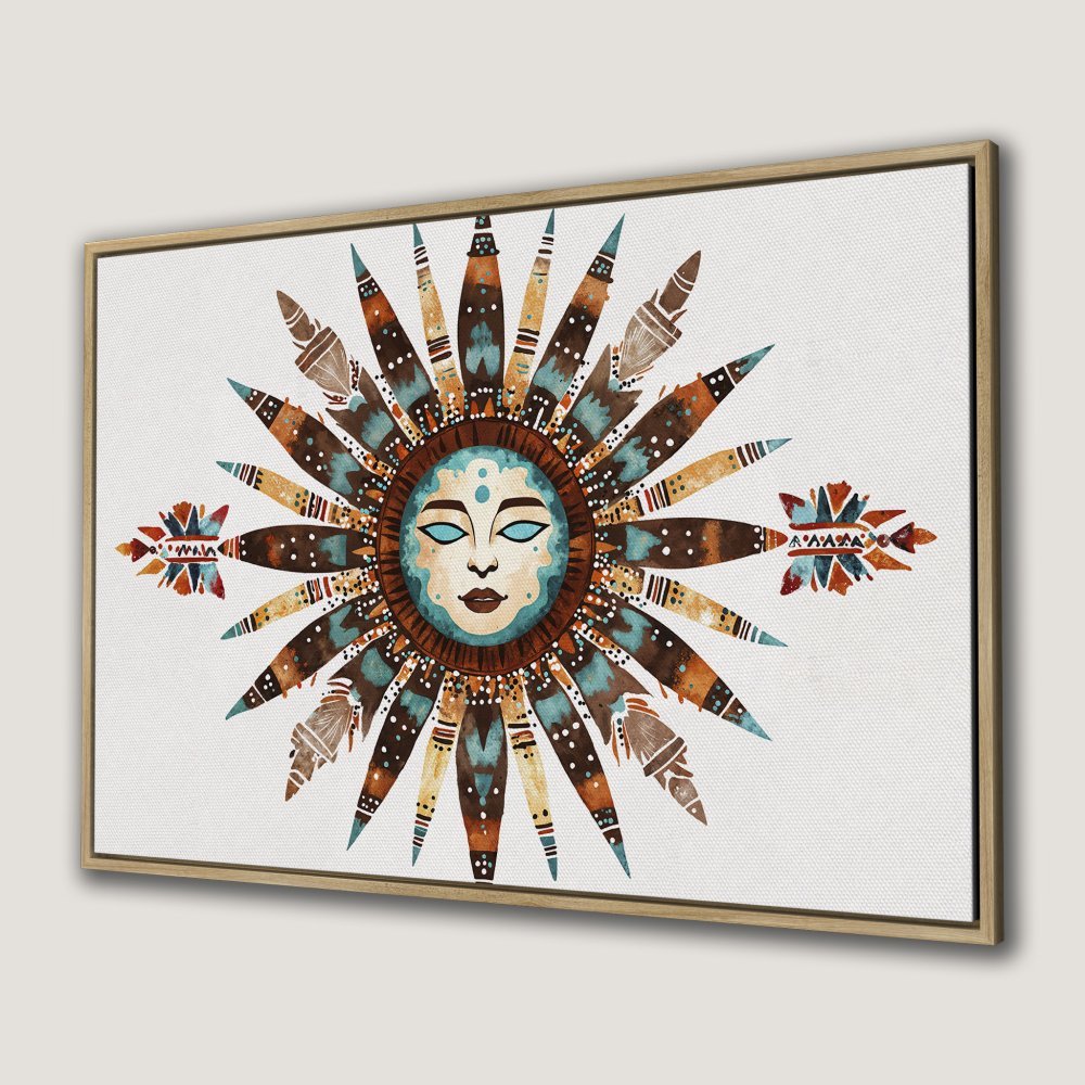 Canvas Print of a sun face art in boho style, featuring a warm color palette of brown, teal, and orange. Perfect wall decor!