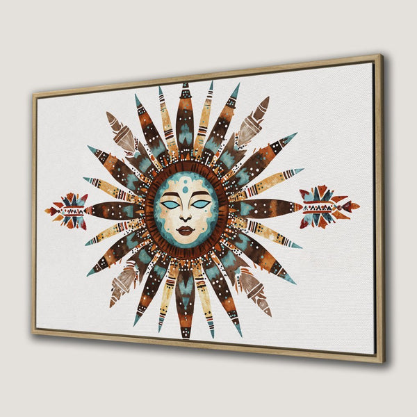 Canvas Print of a sun face art in boho style, featuring a warm color palette of brown, teal, and orange. Perfect wall decor!