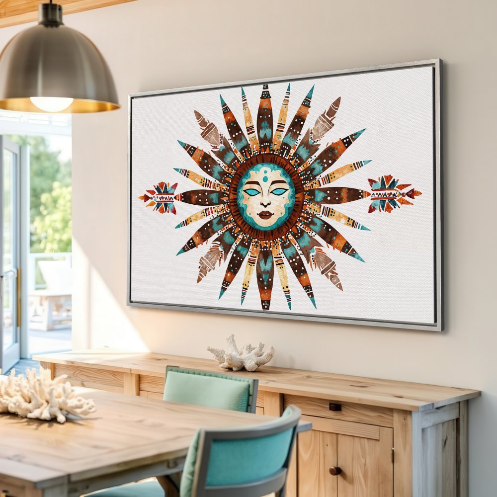 Framed Wall Art: Boho sun face canvas print in teal, brown, and orange. Add a touch of bohemian style to your home decor!