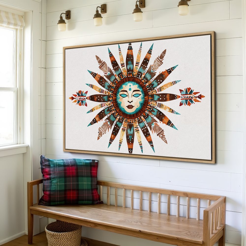 Framed Wall Art: Bohemian sun face canvas print in warm earth tones. Perfect for adding a touch of artistic flair to your home decor.