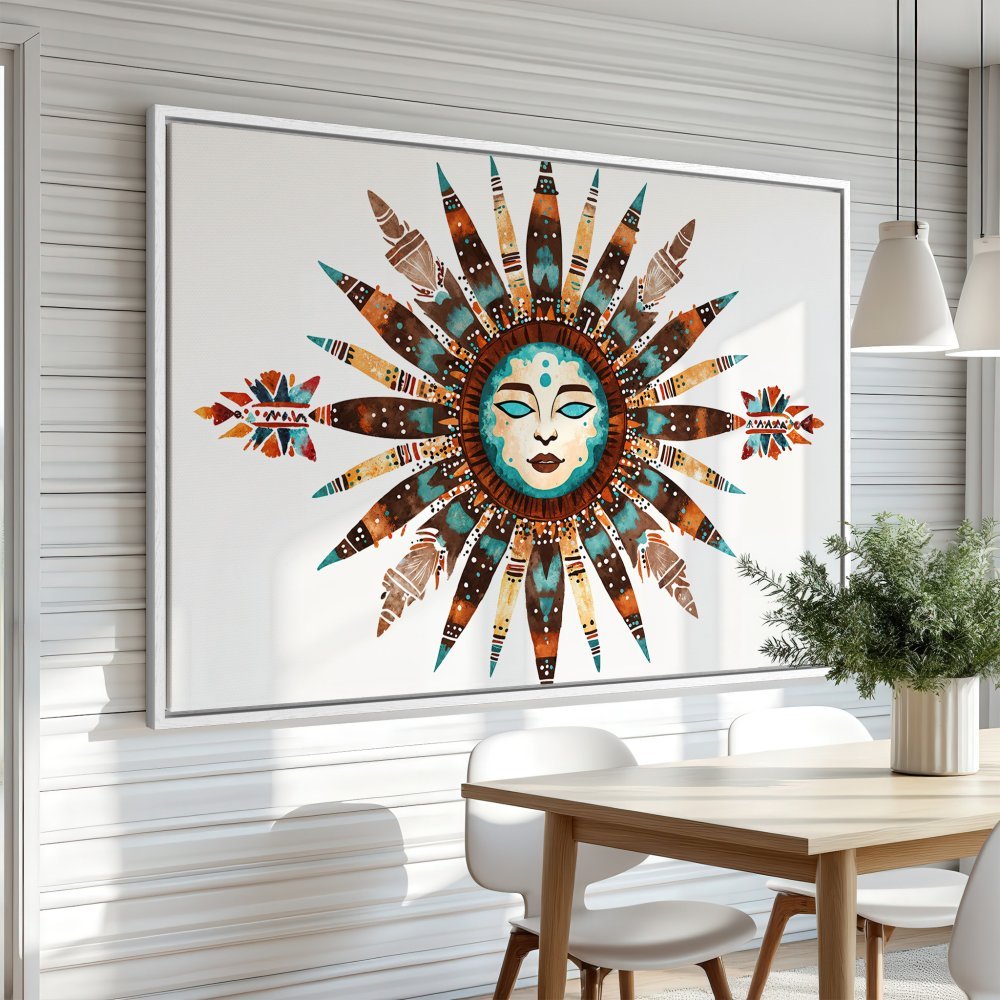 Canvas Print of a sun face in a boho style with teal, brown, and orange tones. Perfect framed wall art for any room!