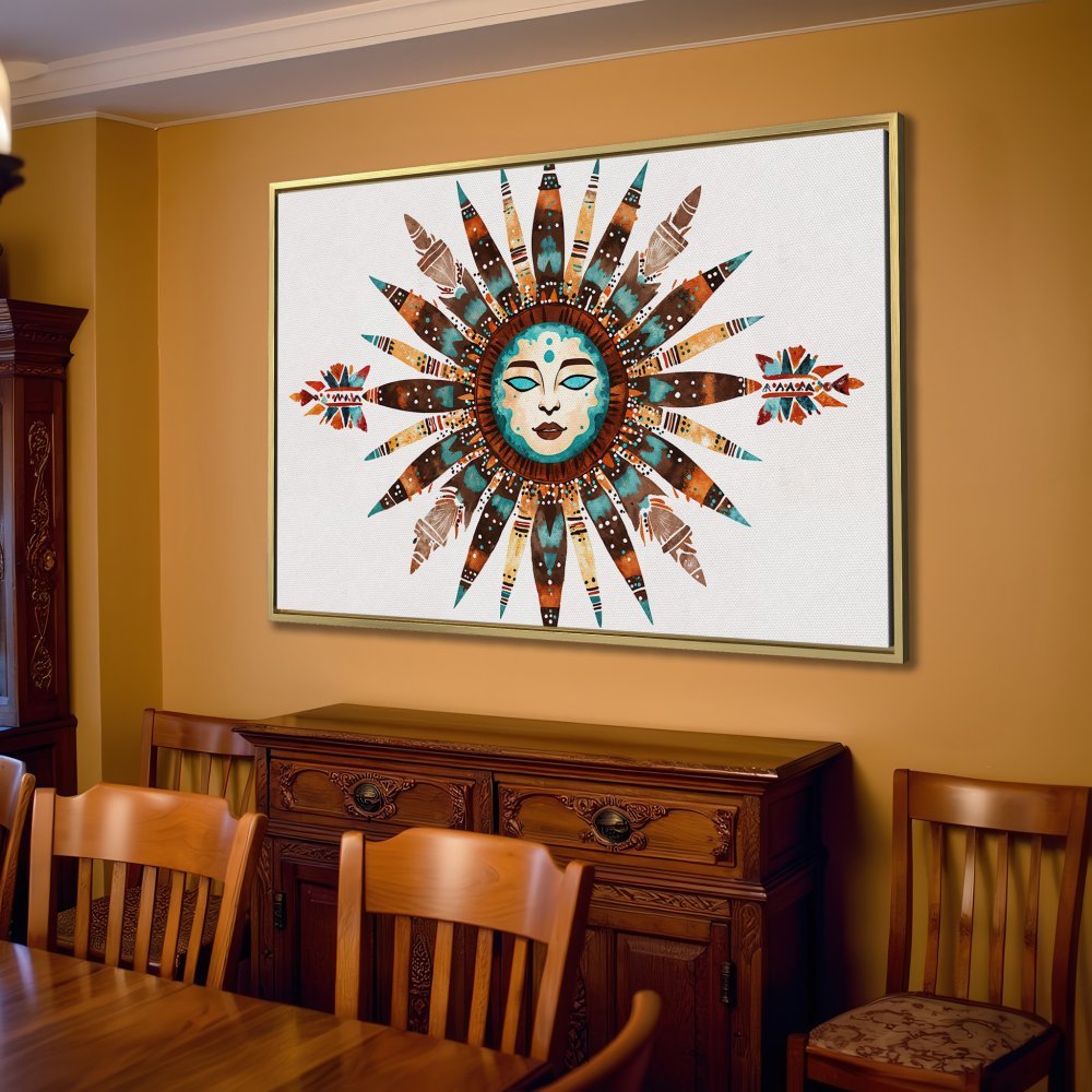 Canvas Print of a tribal sun face art, boho style, featuring earth tones and turquoise, perfect for living room decor.
