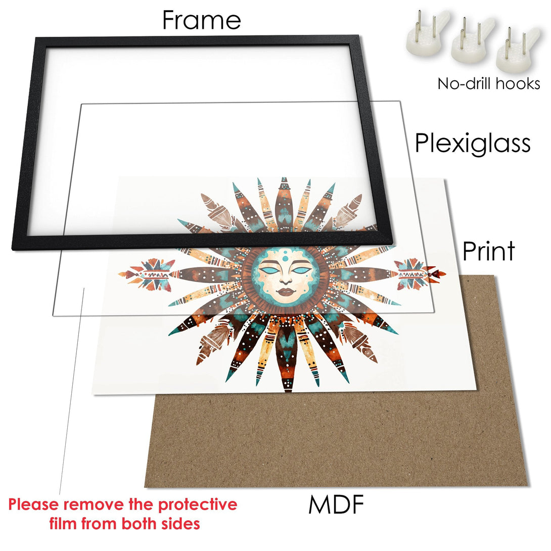 Framed Poster featuring a sun design in earthy tones and watercolor style. Perfect wall art for a boho aesthetic.