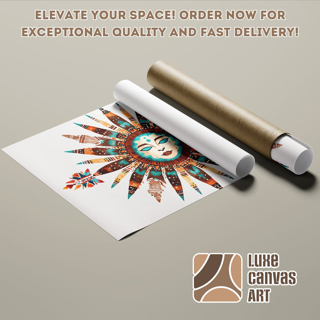 Poster Roll featuring a tribal sun design, warm earth tones and vibrant turquoise. Elevate your space with this unique art!
