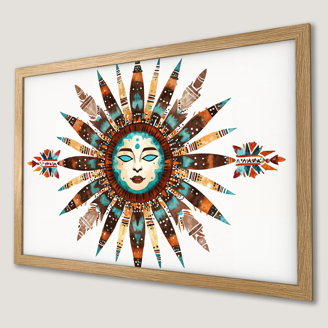 Framed Poster featuring a watercolor sun design in earthy tones of brown, teal, and orange. Bohemian style art print for home decor.