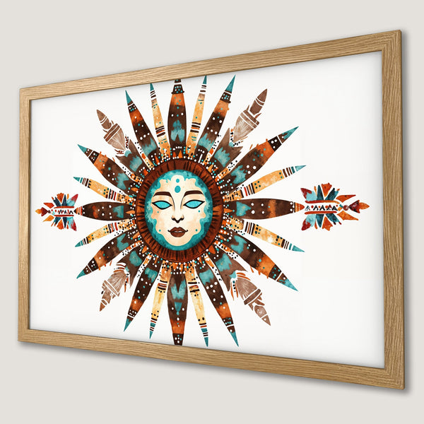 Framed Poster featuring a watercolor sun design in earthy tones of brown, teal, and orange. Bohemian style art print for home decor.