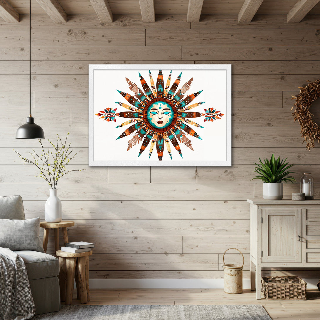 Framed Poster featuring a vibrant, bohemian sun design in teal, orange, and brown. Perfect wall art for a cozy, stylish home.