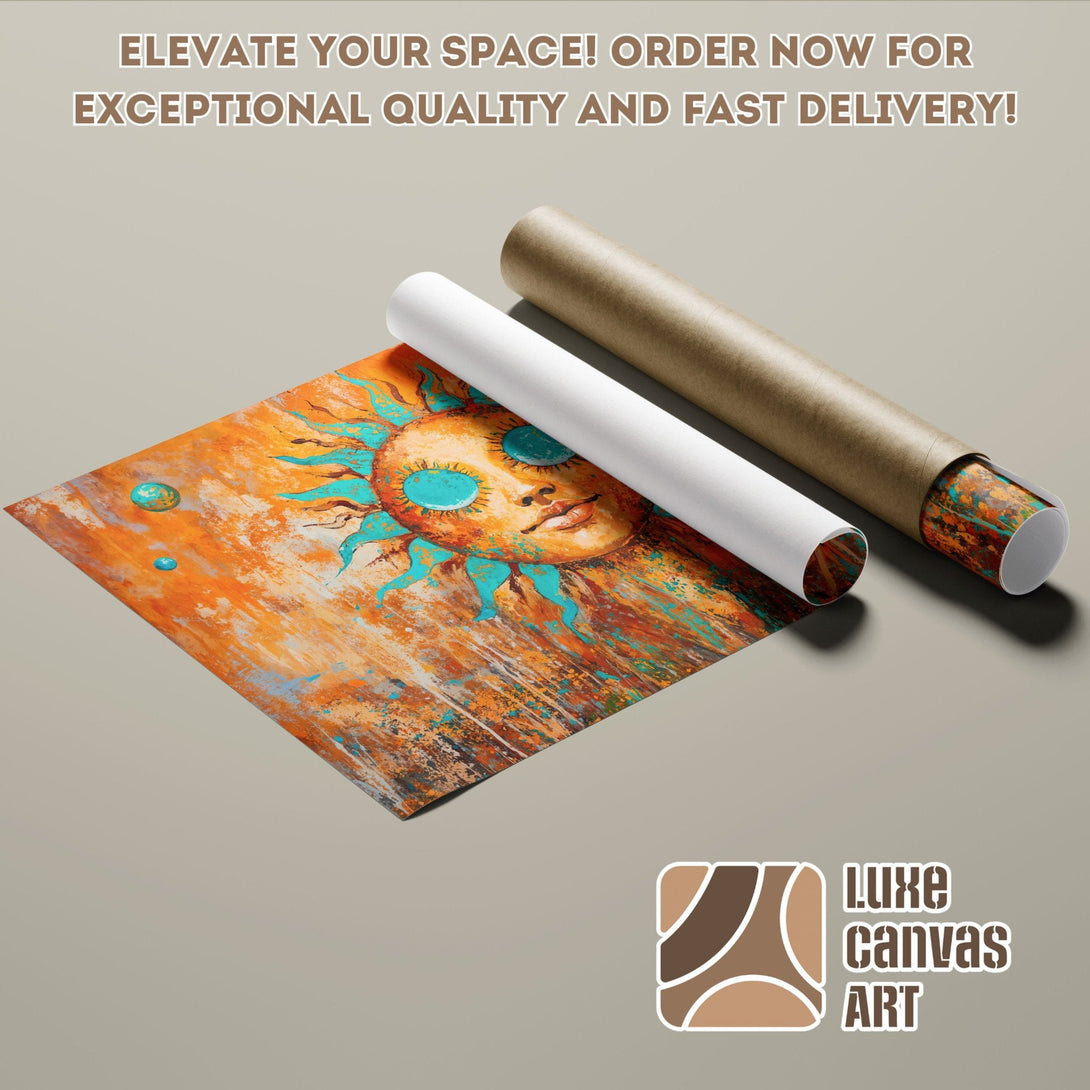 Abstract sun face art poster roll, orange & turquoise palette. Elevate your space!