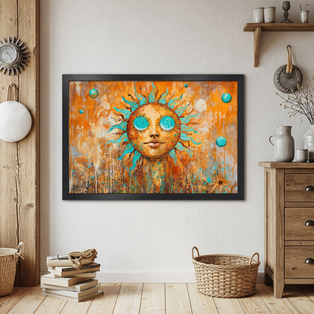 Framed Poster featuring a vibrant sun face artwork in orange and teal tones. Perfect wall art for a bohemian vibe!